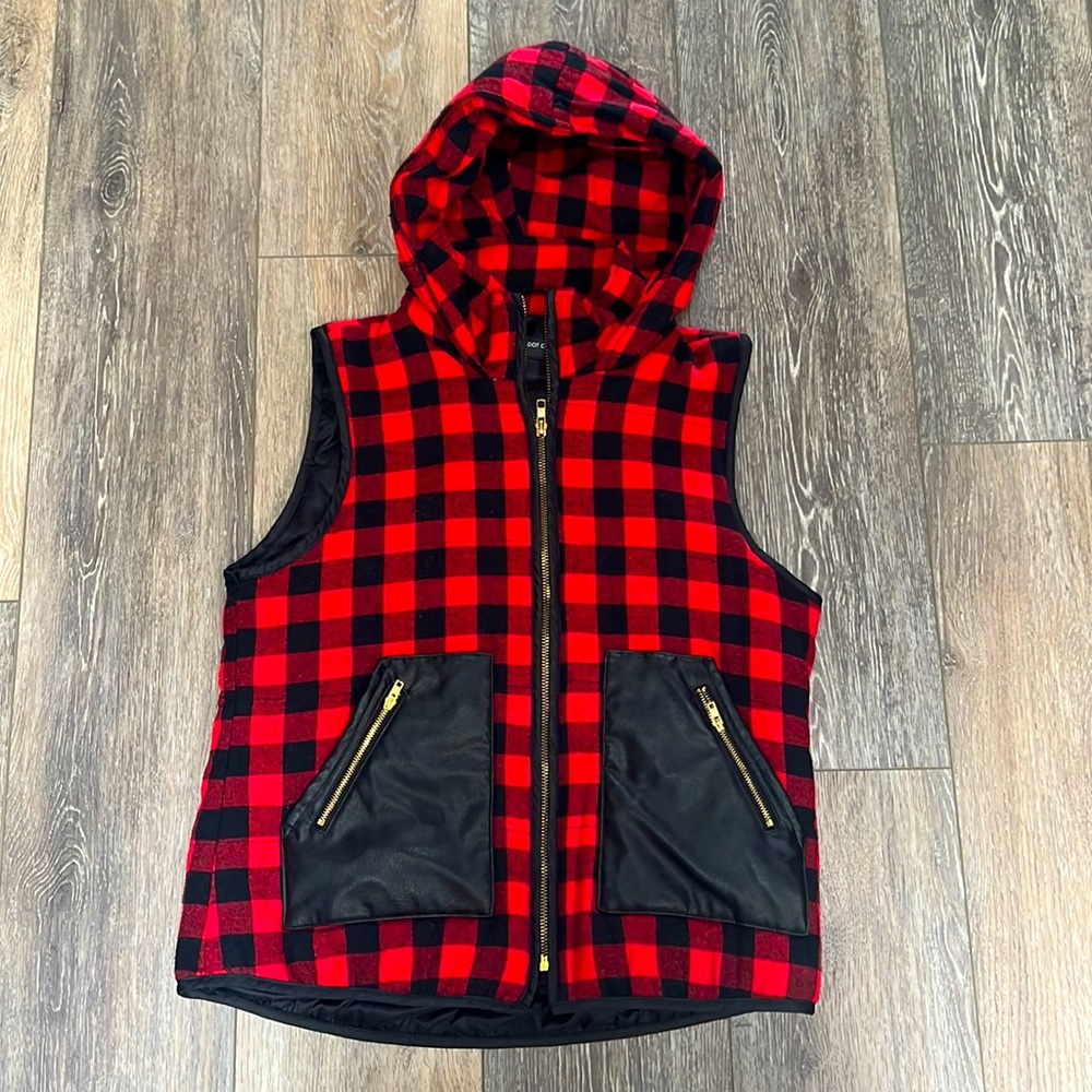 Hooded Buffalo Plaid Vest with Faux Leather Pockets